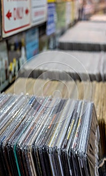 Vintage vinyl records on sale in a store in The Stables, Camden Market, London UK.