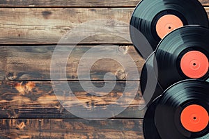 Vintage Vinyl Records on Wooden Background, Music Theme