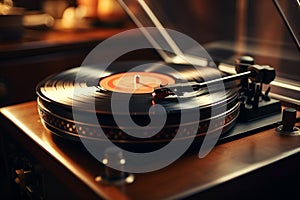 Vintage vinyl spins on an old record player in soft light