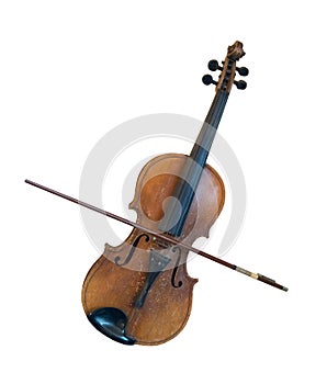 Vintage violin with bow isolated on a white background. old musical instrument