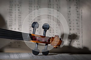 Vintage violin on the sheet music.