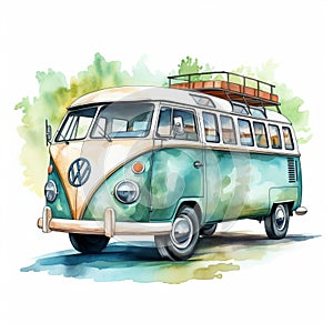 Vintage Vw Bus Watercolor Illustration Clipart photo