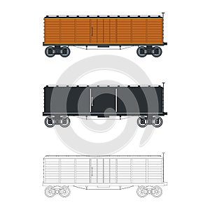Vintage wagon container train. Three different options: color, silhouette, outline