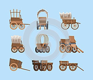 Vintage wagon. Wooden old carriage big wheels wild west ancient transport with horse garish vector pictures of western