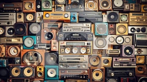 Vintage wall full of radio boombox of the 80s. Generative Ai