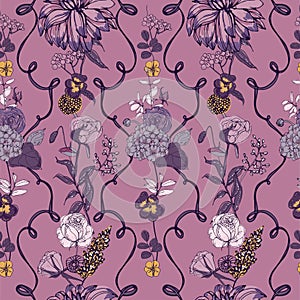 Vintage wallpaper background. Floral seamless pattern with flowers. Colorful vector illustration.