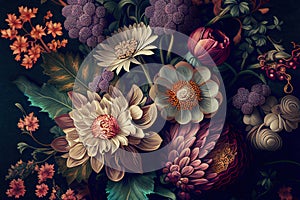 Vintage wallpaper botanical flower bunch, vintage motif for floral print digital background. Generative Ai