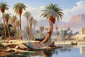 Vintage wallpaper landscape painting of palms and trees on the banks of the Nile in ancient Egypt with temples