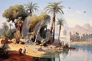 Vintage wallpaper landscape painting of palms and trees on the banks of the Nile in ancient with temple