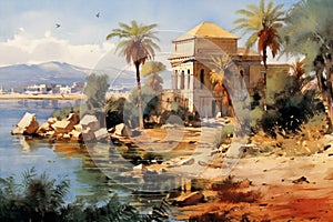 Vintage wallpaper landscape painting of palms and trees on the banks of the Nile in ancient Egypt with temples