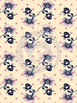 Vintage wallpaper seamless rose flower pattern on circles polka
