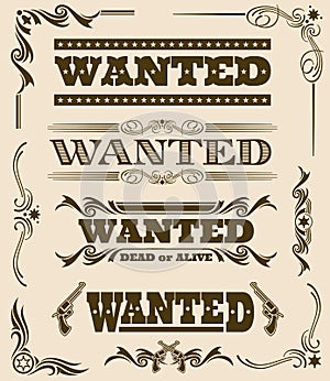Vintage wanted dead or alive western poster vector frame ornament elements photo