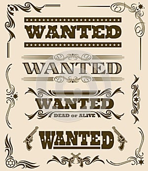 Vintage wanted dead or alive western poster vector frame ornament elements