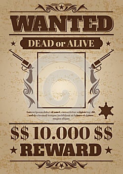 Vintage wanted western poster with blank space for criminal photo. Vector mockup photo