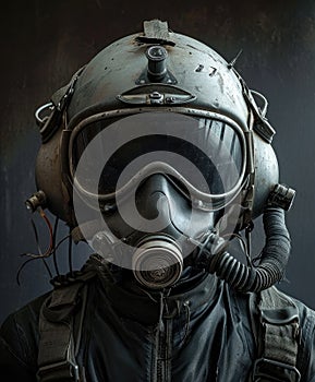 Vintage war pilot mask, gas mask and goggles, apocalypse Air force pilot helmet, survivor helmet with gas mask.