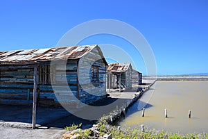 Vintage warehouses. Blue sky. The photo. Wide angle, Copy space, High quality