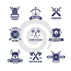 Vintage warrior sword and shield labels. Knight vector badges. Heraldry coat of arms logos