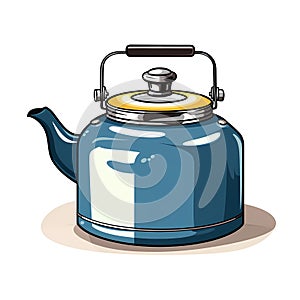 Vintage water boiling can, retro design, blue metallic, smooth simple shapes and flat colours.