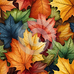 Vintage Watercolor Autumn Leaves Seamless Pattern AI Generated