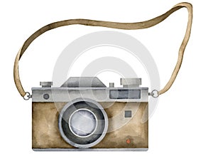 Vintage watercolor Camera. Hand drawn illustration of old retro analog equipment with lens for photography on isolated