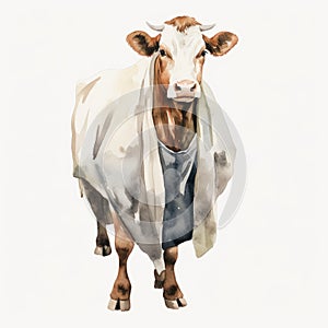 Vintage Watercolor Cow Dressed In White - Uhd Image