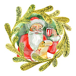 Vintage watercolor cute Santa Claus drinking hot tea, coffee and reads letters. Fairytale winter watercolor Christmas