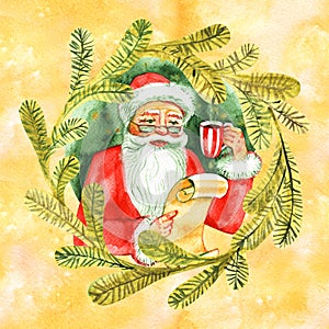 Vintage watercolor cute Santa Claus drinking hot tea, coffee, Santa Claus in chair, Fairytale winter watercolor