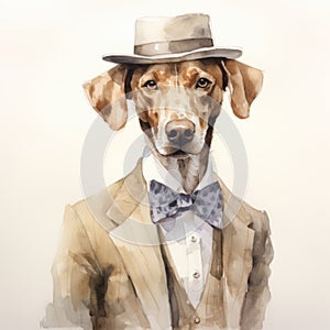 Vintage Watercolor Dog Portrait In Suit Hat - Cinematic Style Illustration