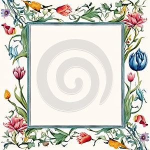 Vintage Watercolor Frame With Blooming Tulips