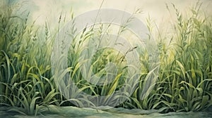 Vintage watercolor grass field with foggy ambiance. Wall art wallpaper