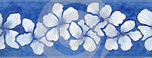 Vintage watercolor horizontal seamless floral border. Hand drawn abstract blue flowers with silver contours