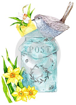 Vintage watercolor illustration with bird, envelope, blue postcard box and yellow flowers.