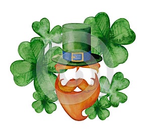 Vintage watercolor illustration with leprechaun hat, red beard, mustache against the many large clover leaves background.