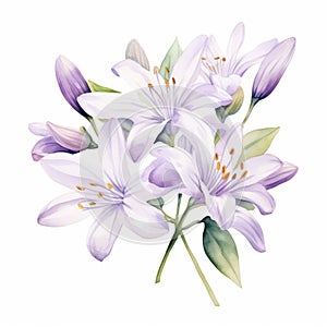 Vintage Watercolor Illustration Of Small Purple Lilies On White Background photo