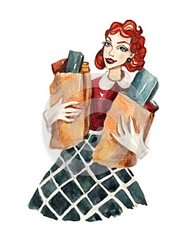 Vintage watercolor illustration on white isolated background. Beautiful girl holding shopping bags