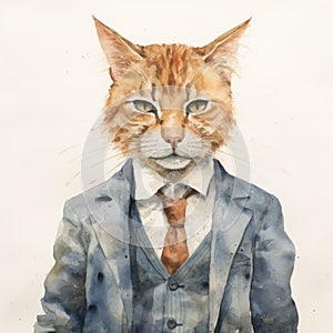 Vintage Watercolor Painting Of A Cat In Suit And Tie