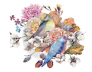 Vintage watercolor pair of birds with autumn bouquet