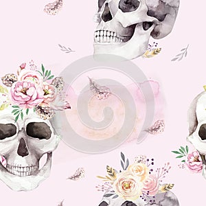 Vintage watercolor patterns with skull and roses, wildflowers, Hand drawn illustration in boho style. Floral skull