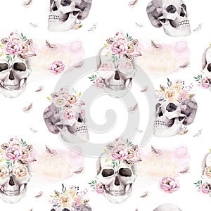 Vintage watercolor patterns with skull and roses, wildflowers, Hand drawn illustration in boho style. Floral skull