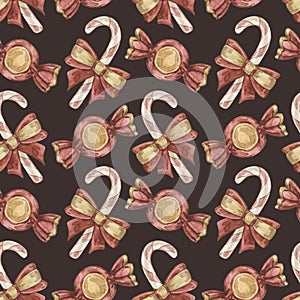 Vintage watercolor seamless pattern with Christmas candy cane with red bow. Isolated on brown background.