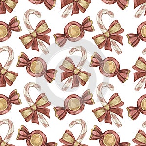 Vintage watercolor seamless pattern with Christmas candy cane with red bow. Isolated on white background.