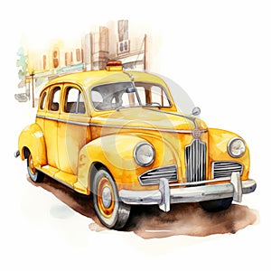 Vintage Taxi Cab Watercolor Clipart Illustration On White Background