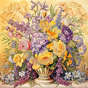 Vintage watercolor still life with colorful garden flowers bouquet.