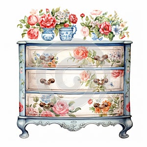 Vintage Watercolor Style Blue Dresser With Floral Decor