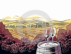 Vintage Watercolor Style In A Vineyard With Wine Glasses And Barrel Illustration