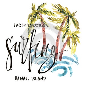 Vintage watercolor summer surfing print with typography design, palm trees, waves and lettering. Tropical set, fashion