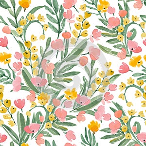 Vintage Watercolor Wallpaper of hand drawn Flowers and Leaf.