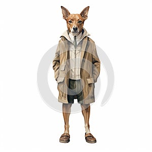 Vintage Watercolored Dog In Trench Coat And Short Pants