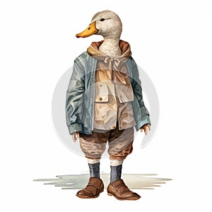 Vintage Watercolored Duck Illustration With Detailed Clothing