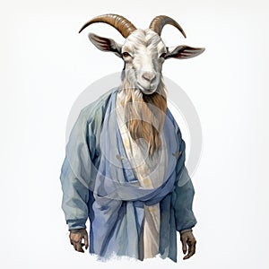 Vintage Watercolored Goat In Blue Robe - Editorial Illustration